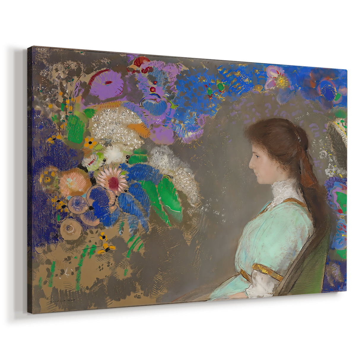 Canvas art print featuring a symbolic portrait with muted tones, displayed at an angle