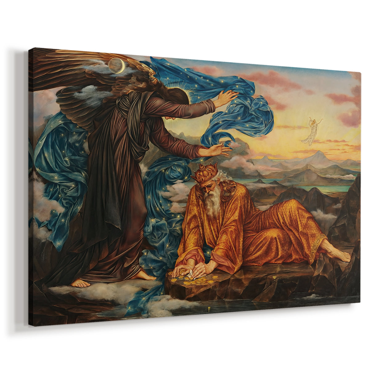 Canvas art print featuring an allegorical scene with woman resting amid flowing drapery and landscape, displayed at an angle