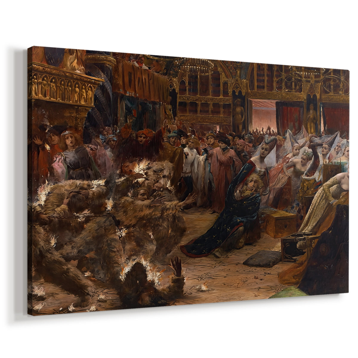 Canvas art print featuring a dramatic gathering of people illuminated by firelight, displayed at an angle