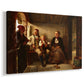Canvas art print featuring a Norwegian farmhouse scene with neighbors socializing indoors around a table, displayed at an angle