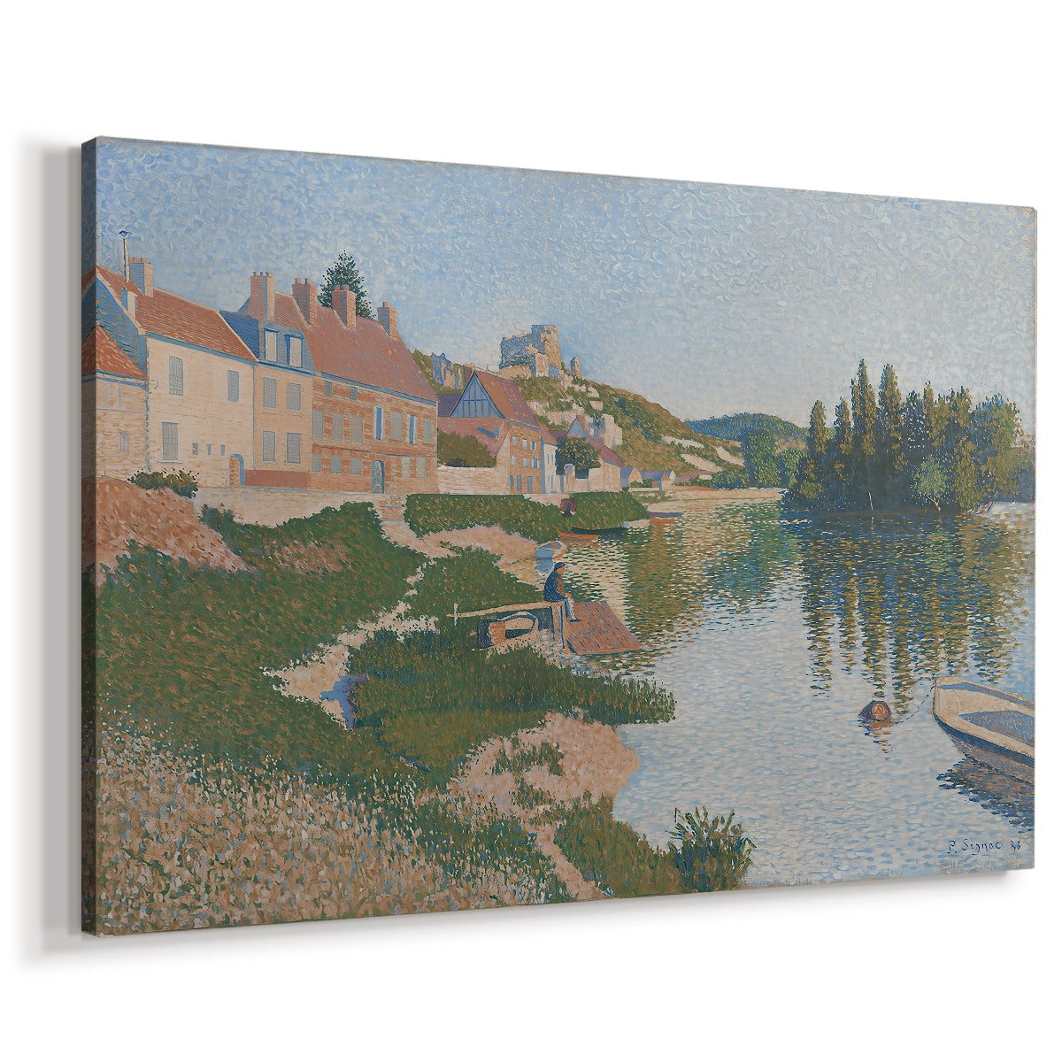 Canvas art print featuring a landscape with elevated buildings, displayed at an angle