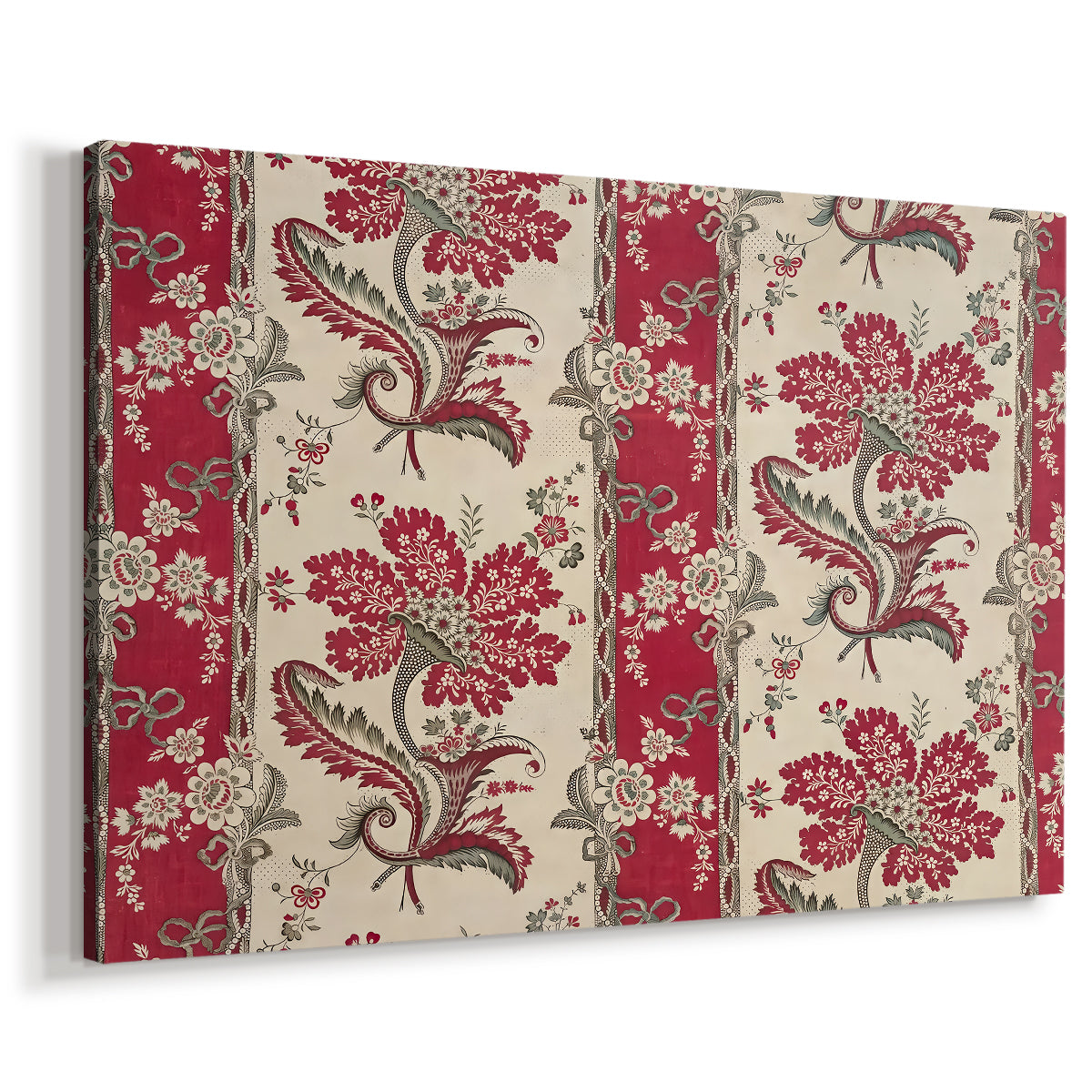 Canvas art print featuring an ornamental textile design with flowers arranged in structured clusters, displayed at an angle