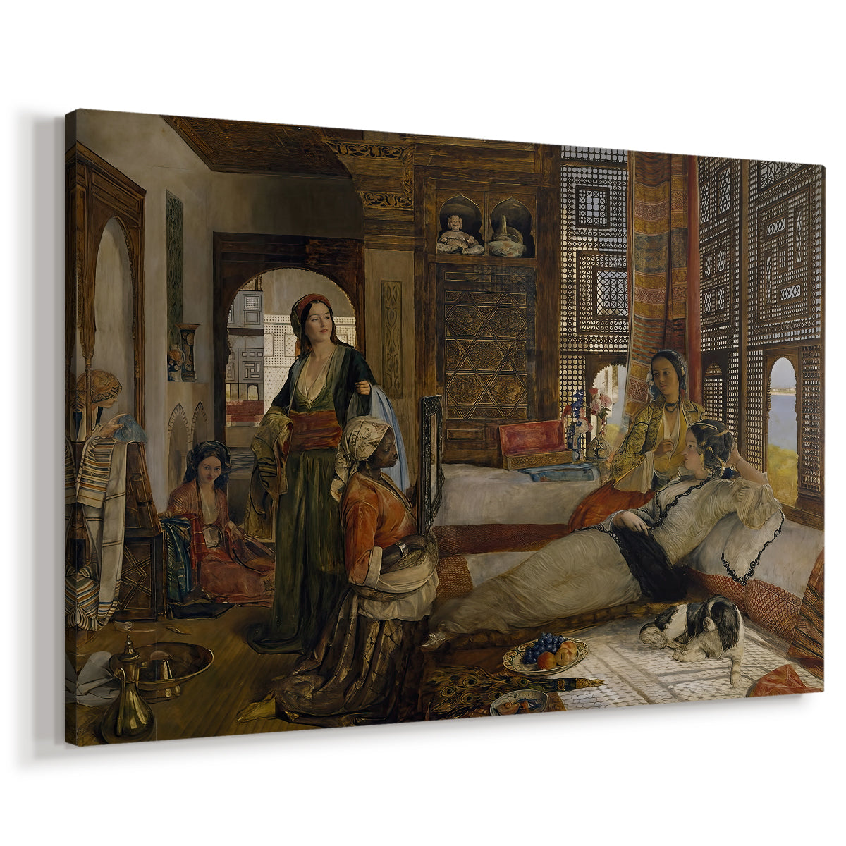 Canvas art print featuring a detailed cultural interior with ornate decor and textiles, displayed at an angle