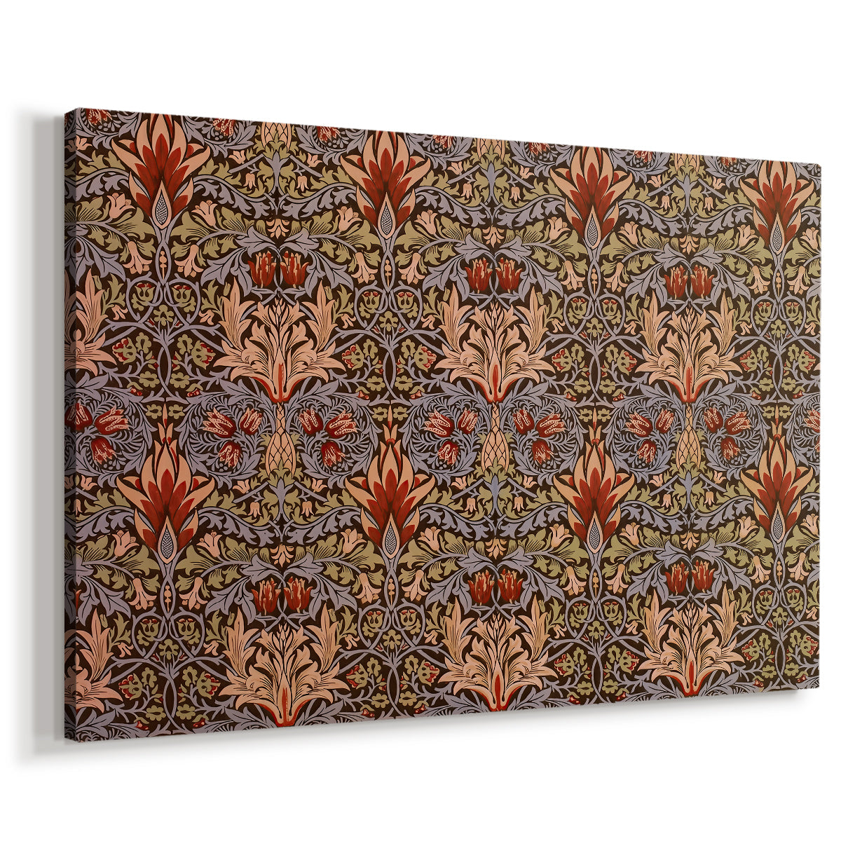 Canvas art print featuring a decorative textile design with vertical floral rhythm, displayed at an angle
