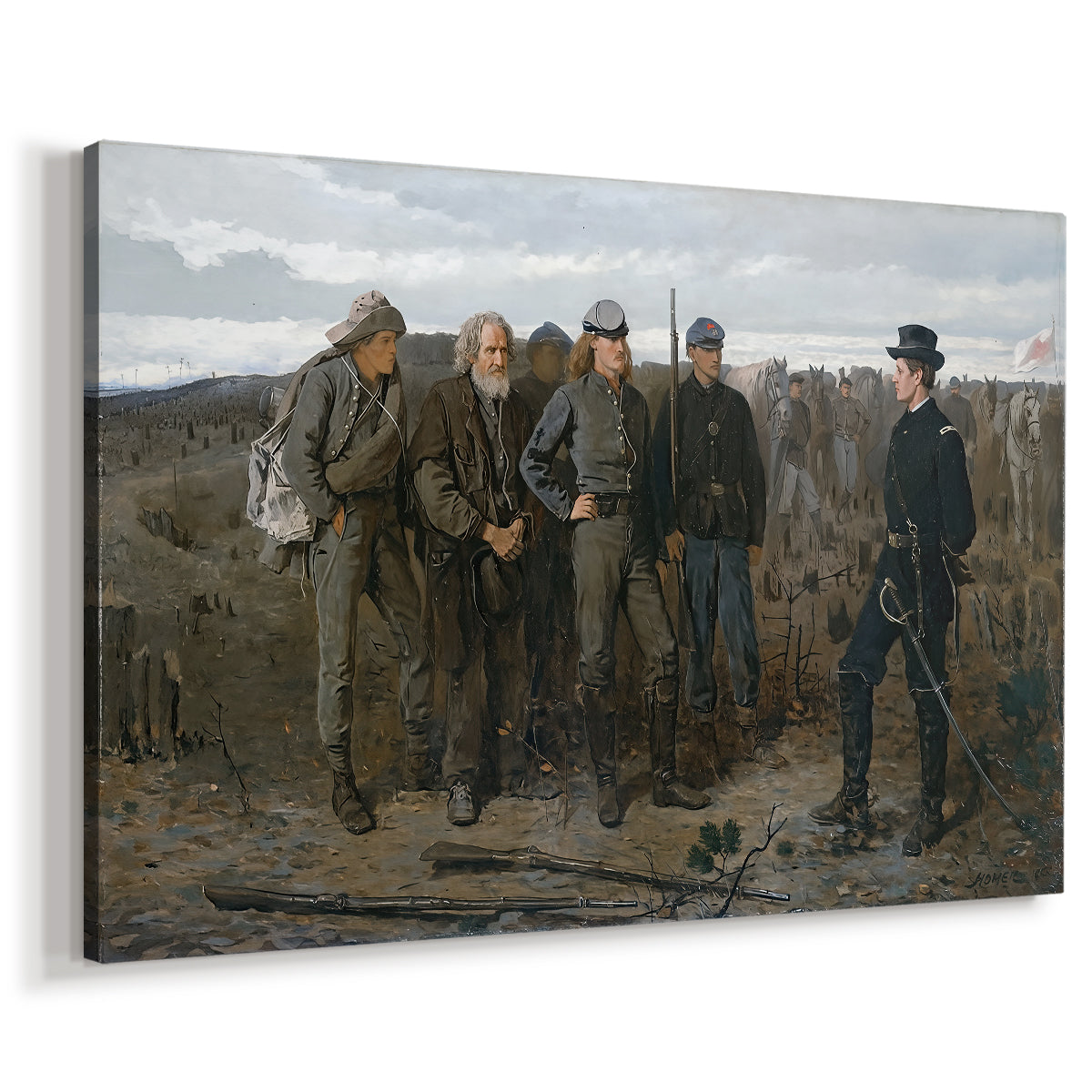 Canvas art print featuring a wartime scene with multiple figures arranged in open landscape, displayed at an angle