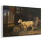 Canvas art print featuring a farm animals resting within enclosed rustic structure, displayed at an angle