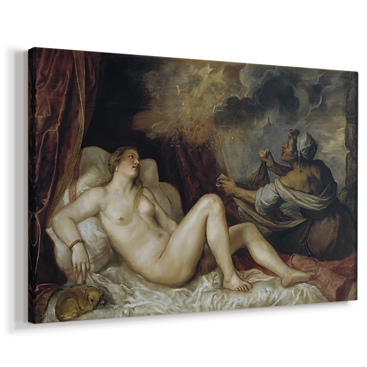 Canvas art print featuring a Renaissance figure study of Danaë with soft drapery and rich color, displayed at an angle