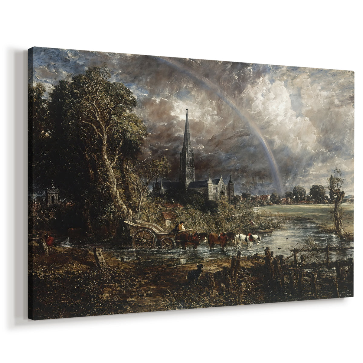 Canvas art print featuring a detailed architectural scene, displayed at an angle