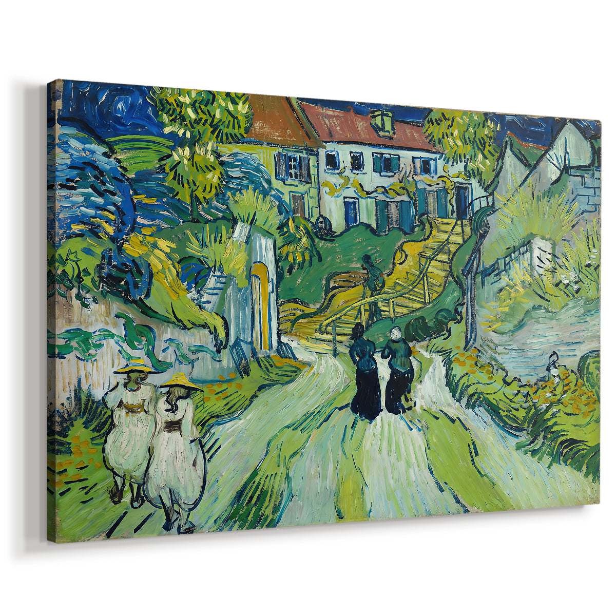 Canvas art print featuring an expressive architectural scene with steps and surrounding structures, displayed at an angle