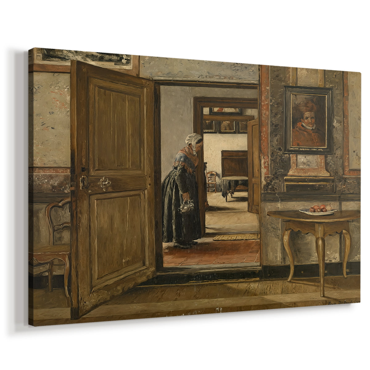 Canvas art print featuring a quiet institutional interior with doors and corridor perspective, displayed at an angle