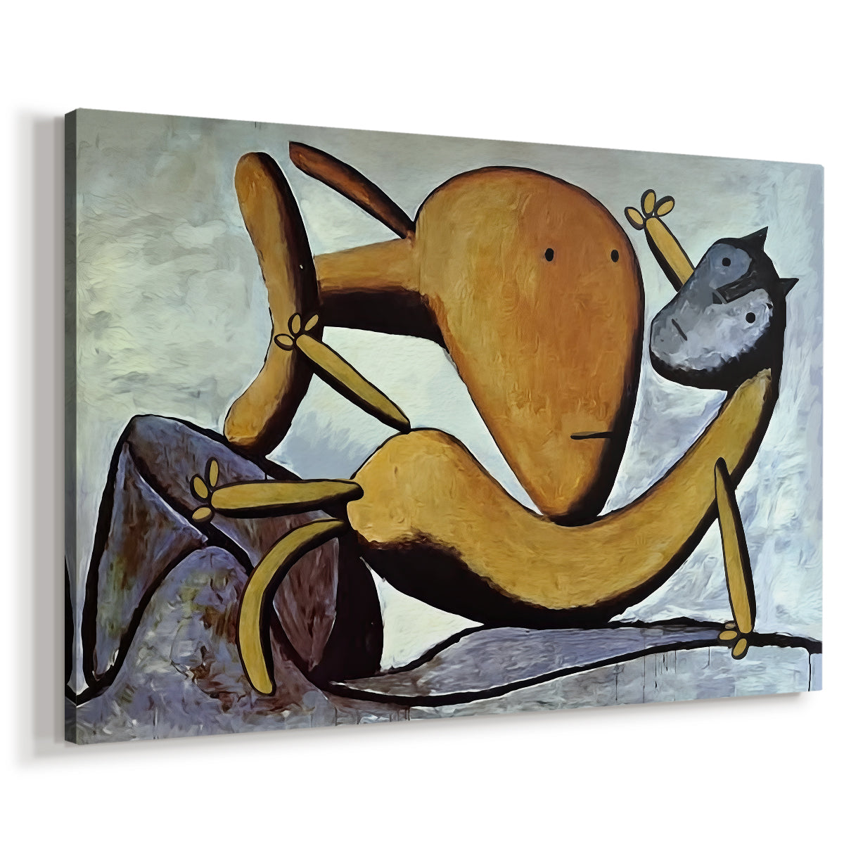 Canvas art print featuring a surreal animal scene with exaggerated forms, displayed at an angle