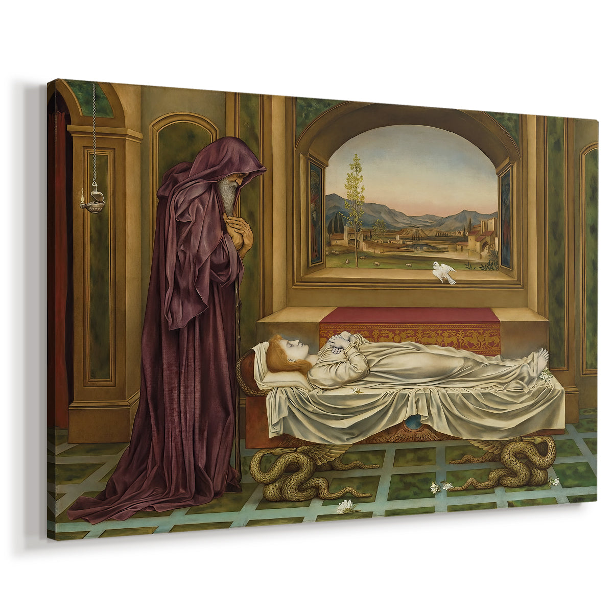 Canvas art print featuring a symbolic portrait of wandering figure in quiet architectural setting, displayed at an angle