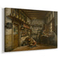 Canvas art print featuring a craftsman seated in workshop surrounded by materials, displayed at an angle