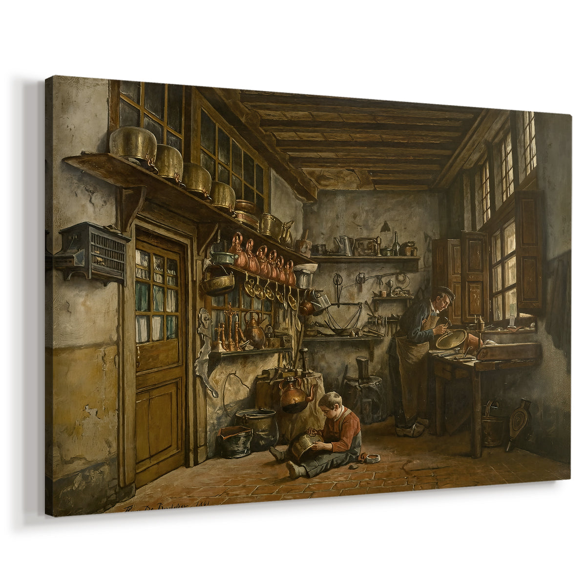 Canvas art print featuring a craftsman seated in workshop surrounded by materials, displayed at an angle