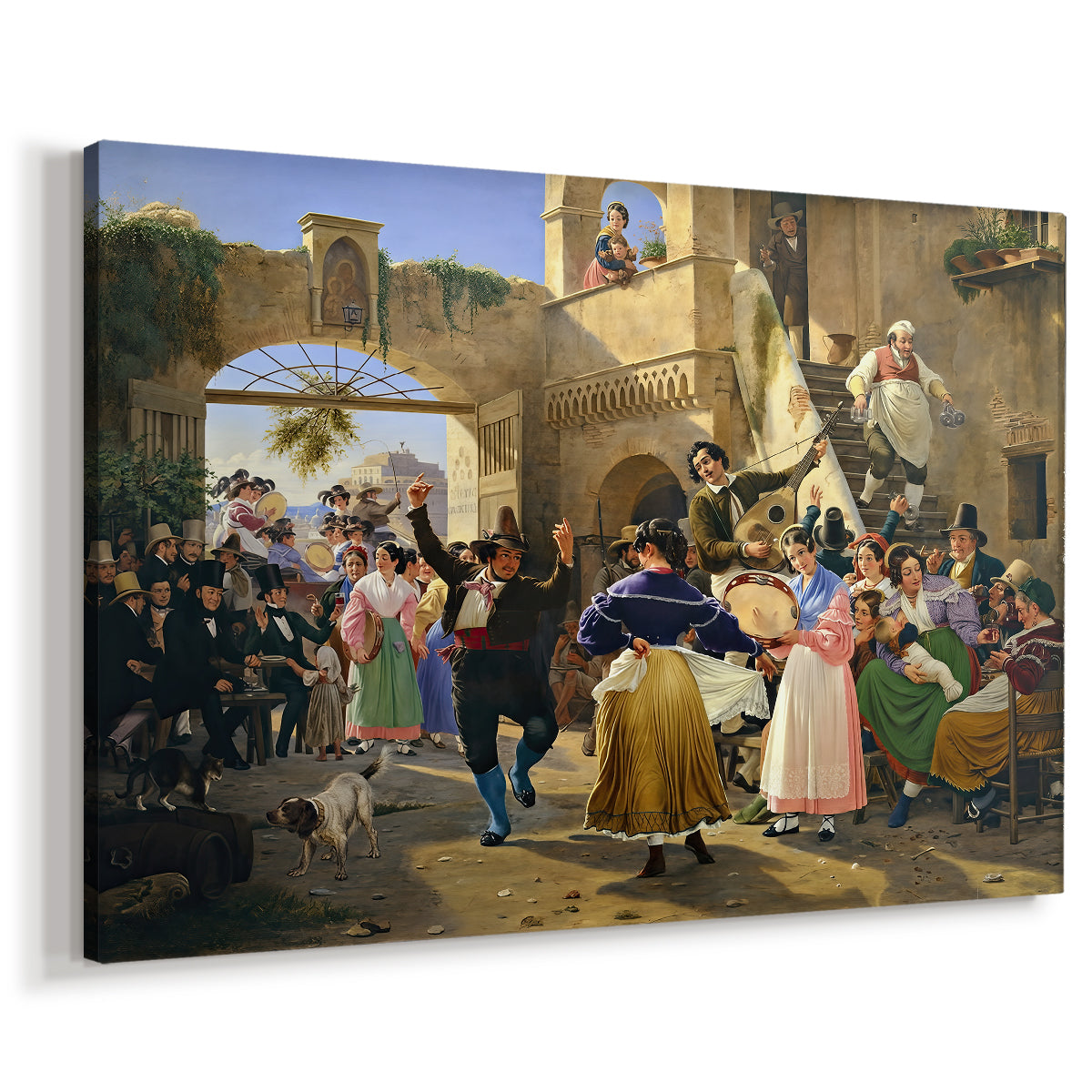 Canvas art print featuring a social gathering with figures seated around tables indoors, displayed at an angle