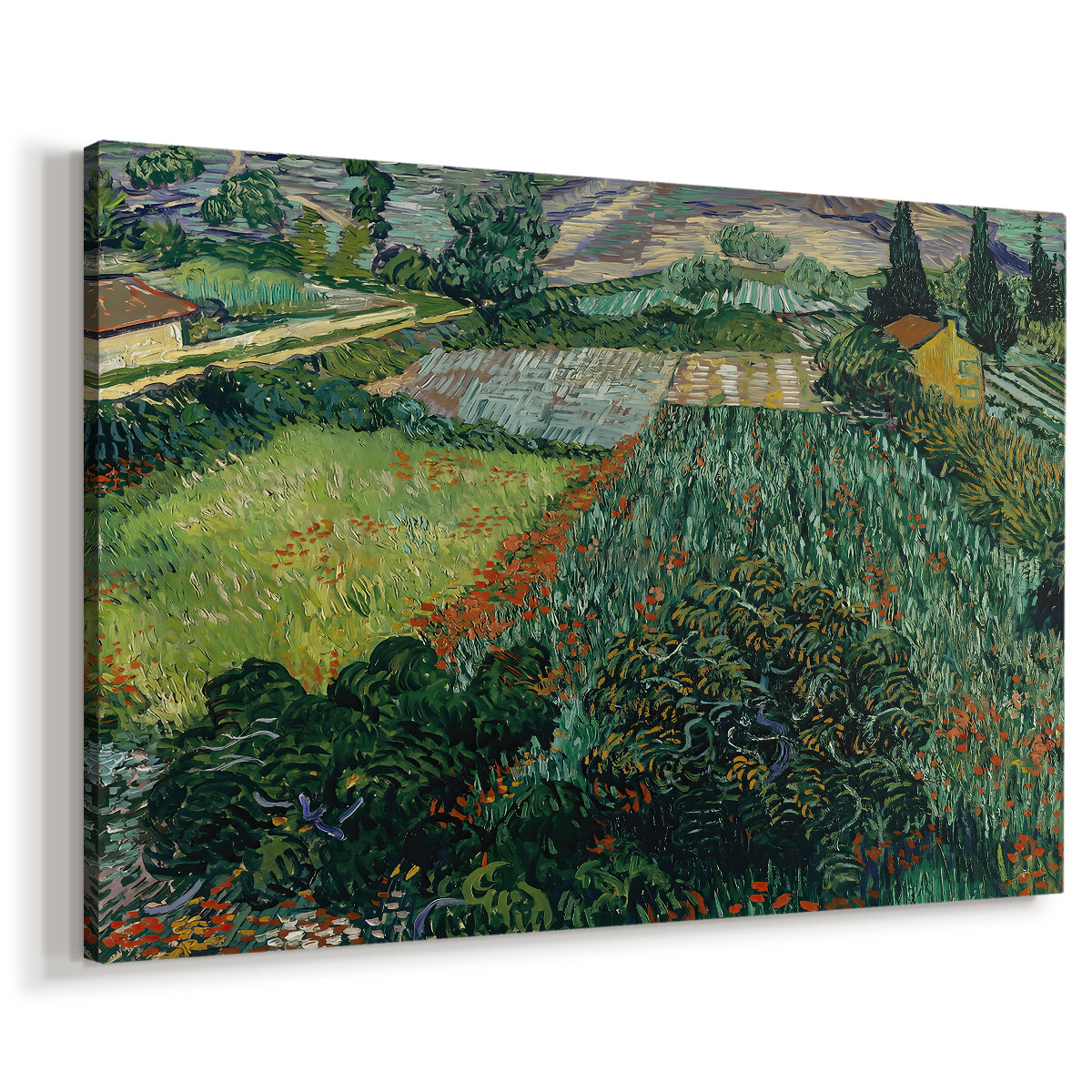 Canvas art print featuring an expressive landscape with flowers and open countryside, displayed at an angle