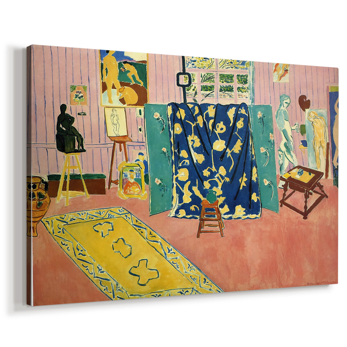Canvas art print featuring a Fauvist artist studio with patterned walls, displayed at an angle