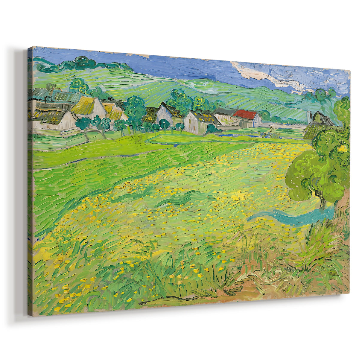 Canvas art print featuring an expressive countryside scene with buildings and terrain, displayed at an angle