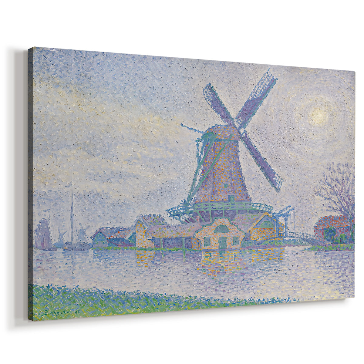 Canvas art print featuring an architectural scene with mill and canal, displayed at an angle