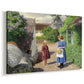 Canvas art print featuring a rural street scene with figures moving through sunny village, displayed at an angle