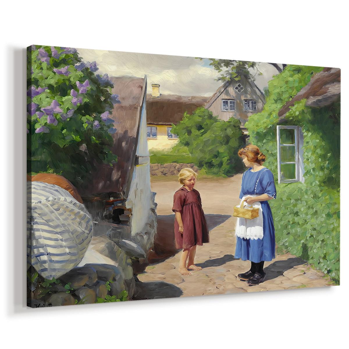 Canvas art print featuring a rural street scene with figures moving through sunny village, displayed at an angle