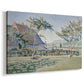 Canvas art print featuring a pointillist countryside scene with architecture and open field, displayed at an angle