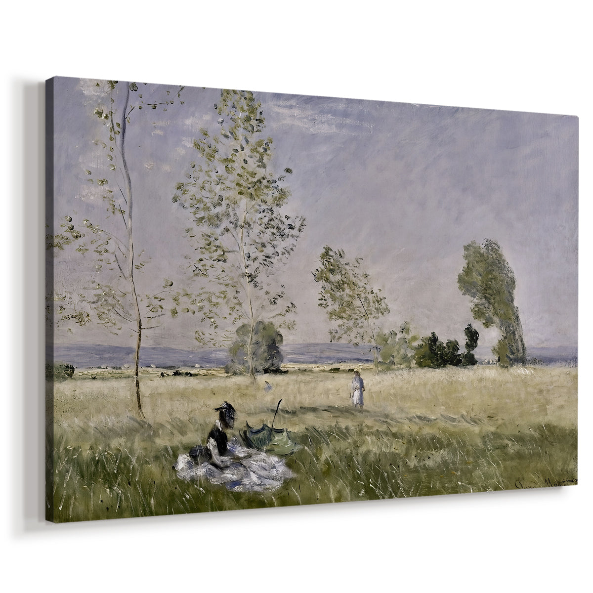 Canvas art print featuring an impressionist countryside scene with figure resting in shade, displayed at an angle
