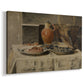 Canvas art print featuring a rustic tabletop scene with ceramic container and items, displayed at an angle