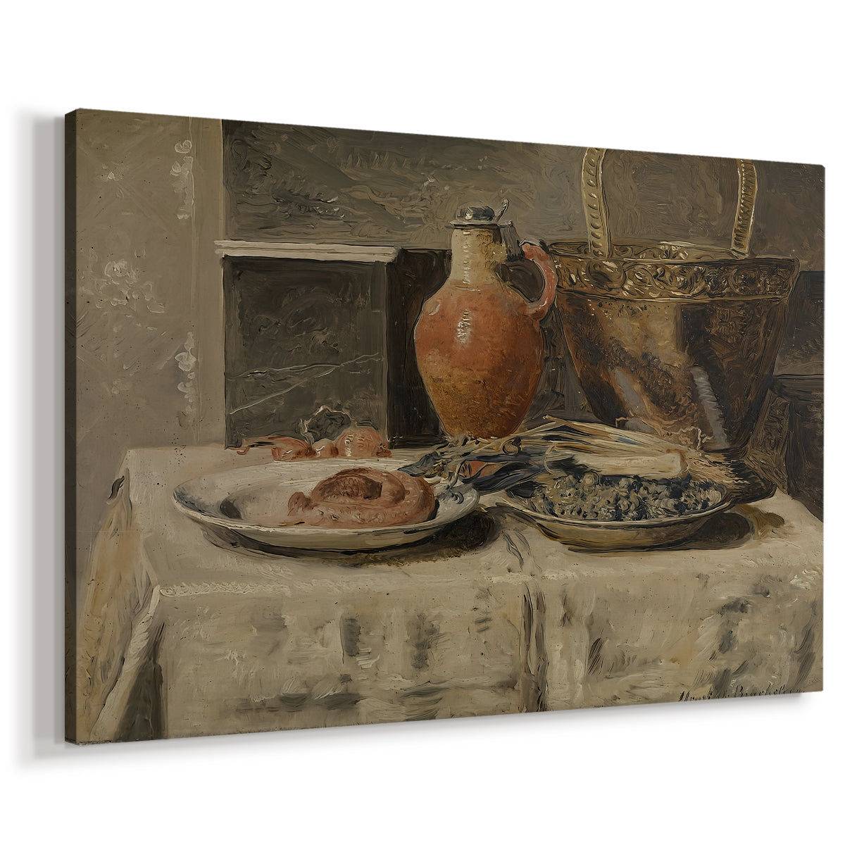 Canvas art print featuring a rustic tabletop scene with ceramic container and items, displayed at an angle