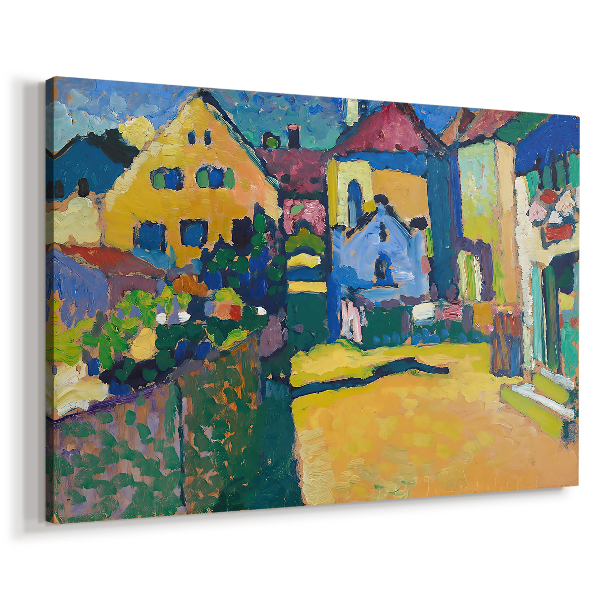 Canvas art print featuring a bright landscape showing buildings along a path with strong color contrast, displayed at an angle