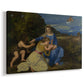 Canvas art print featuring a devotional mother-and-child scene set in open countryside, displayed at an angle