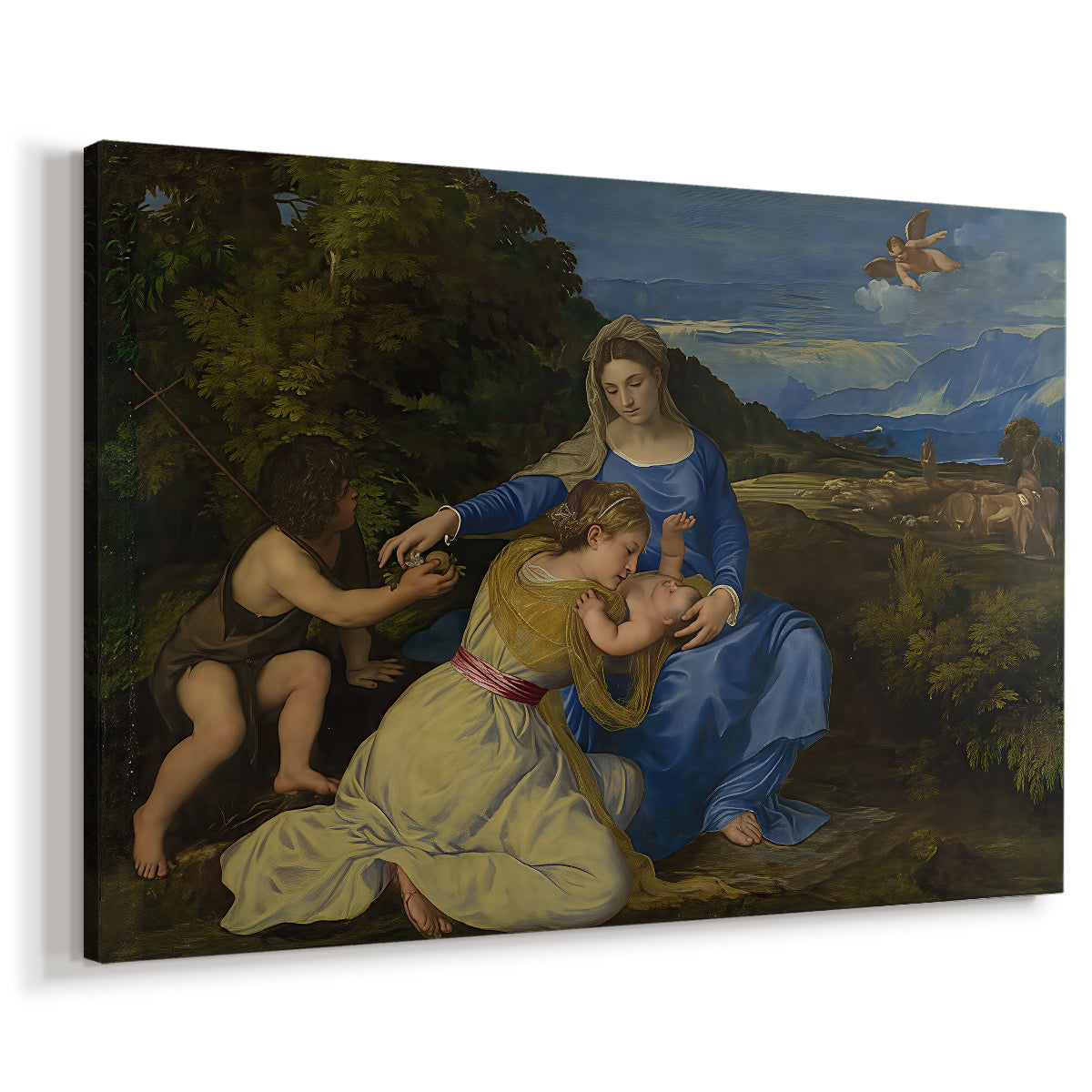 Canvas art print featuring a devotional mother-and-child scene set in open countryside, displayed at an angle