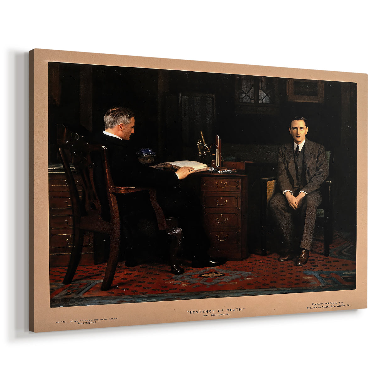 Canvas art print featuring a narrative scene depicting judgment, displayed at an angle
