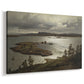Canvas art print featuring a coastal scene with calm fjord and surrounding terrain, displayed at an angle