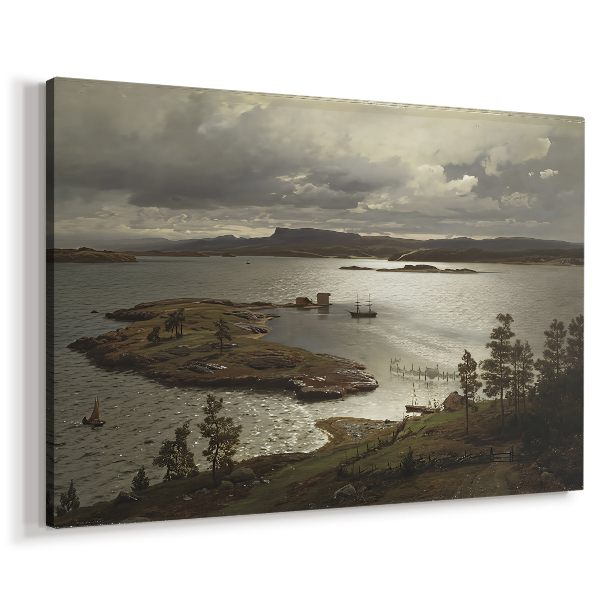 Canvas art print featuring a coastal scene with calm fjord and surrounding terrain, displayed at an angle