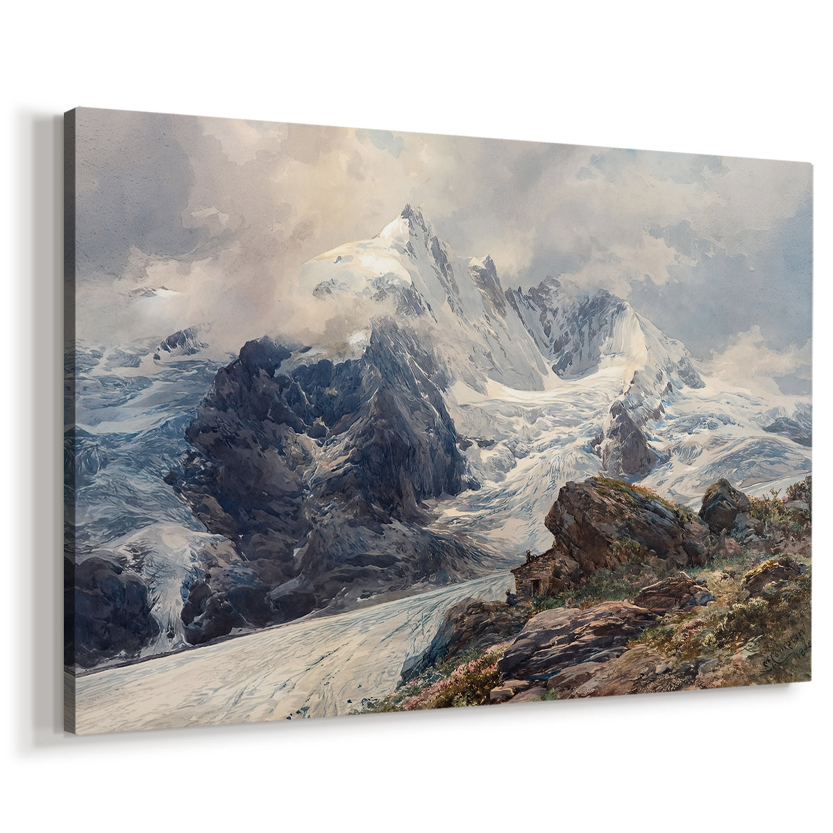 Canvas art print featuring a dramatic mountain summit with snow and rugged slopes, displayed at an angle