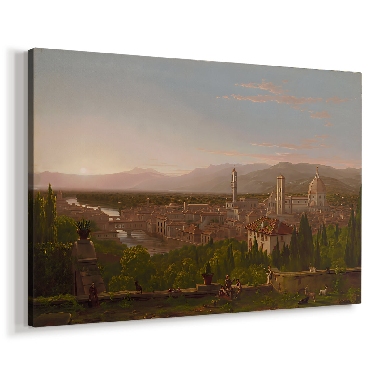 Canvas art print featuring a scenic landscape with architecture and distant horizon, displayed at an angle
