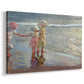 Canvas art print featuring a coastal portrait of figures grouped near shoreline, displayed at an angle