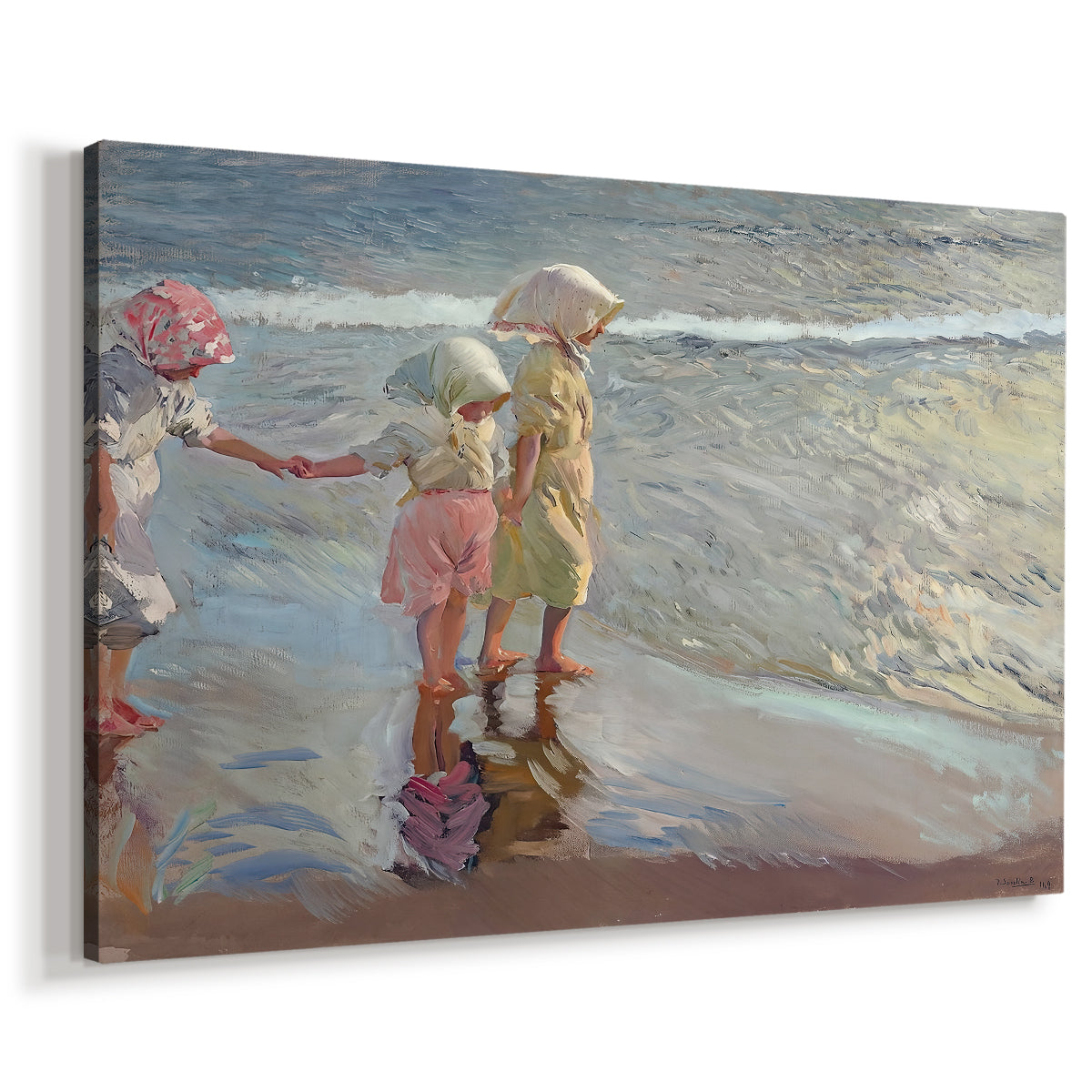 Canvas art print featuring a coastal portrait of figures grouped near shoreline, displayed at an angle