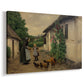 Canvas art print featuring a rural scene with people arriving at home in quiet courtyard, displayed at an angle