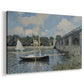 Canvas art print featuring an impressionist river scene with bridge and boats beneath open sky, displayed at an angle