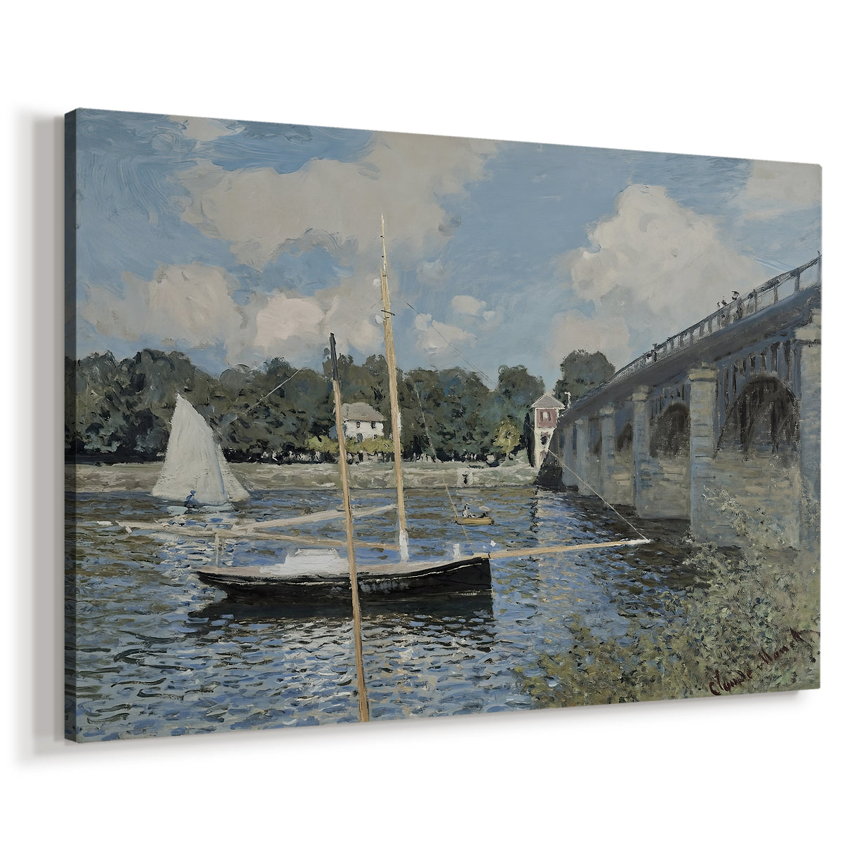 Canvas art print featuring an impressionist river scene with bridge and boats beneath open sky, displayed at an angle