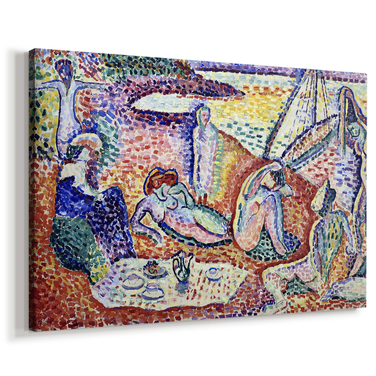 Canvas art print featuring a colorful leisure scene with figures in an open landscape, displayed at an angle