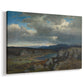 Canvas art print featuring an expansive natural scene with hills and distant peaks, displayed at an angle
