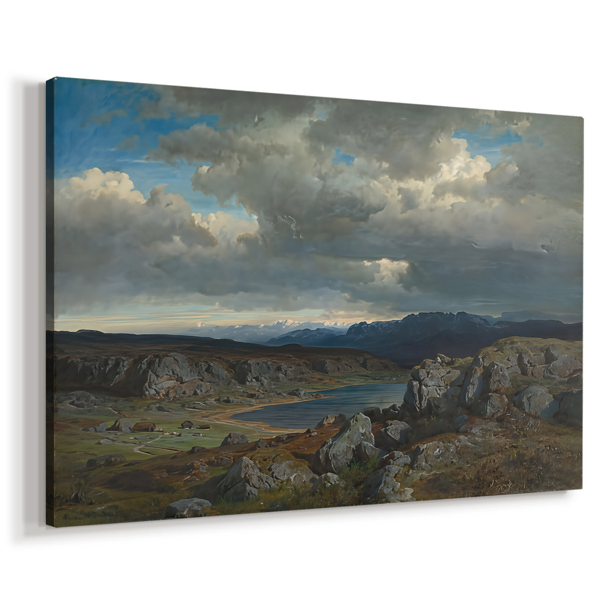 Canvas art print featuring an expansive natural scene with hills and distant peaks, displayed at an angle