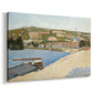 Canvas art print featuring a pointillist scene with riverbank and small town, displayed at an angle