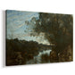 Canvas art print featuring a peaceful view of water with natural surroundings, displayed at an angle
