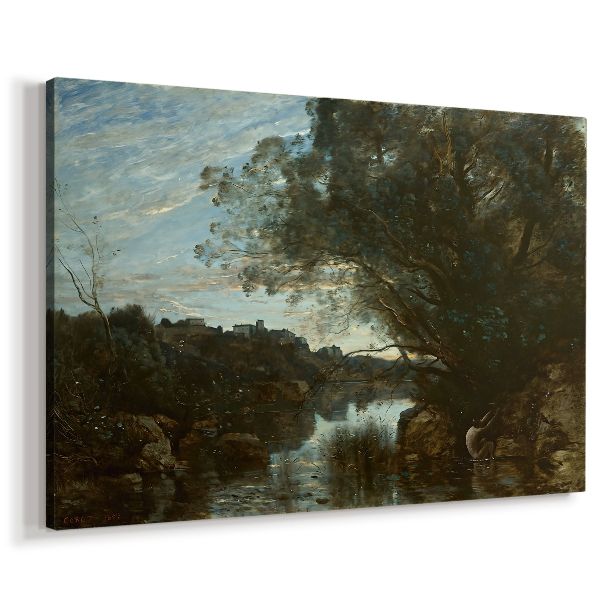 Canvas art print featuring a peaceful view of water with natural surroundings, displayed at an angle