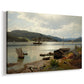 Canvas art print featuring a waterfront scene with people and boats near edge of water, displayed at an angle