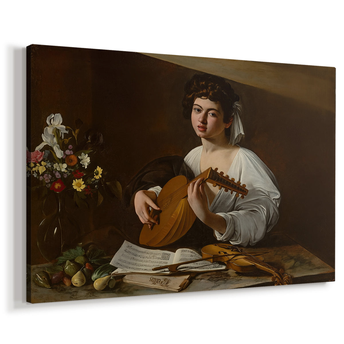 Canvas art print featuring a portrait of lute player surrounded by still life arrangement, displayed at an angle